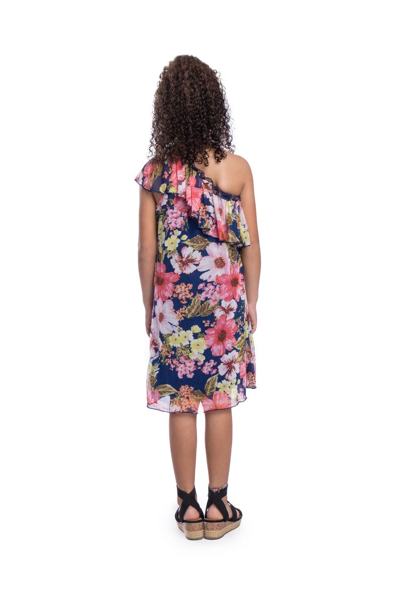 Blue Floral One Shoulder Ruffle Knee Length Dress, Alternate, color, Pink Multi