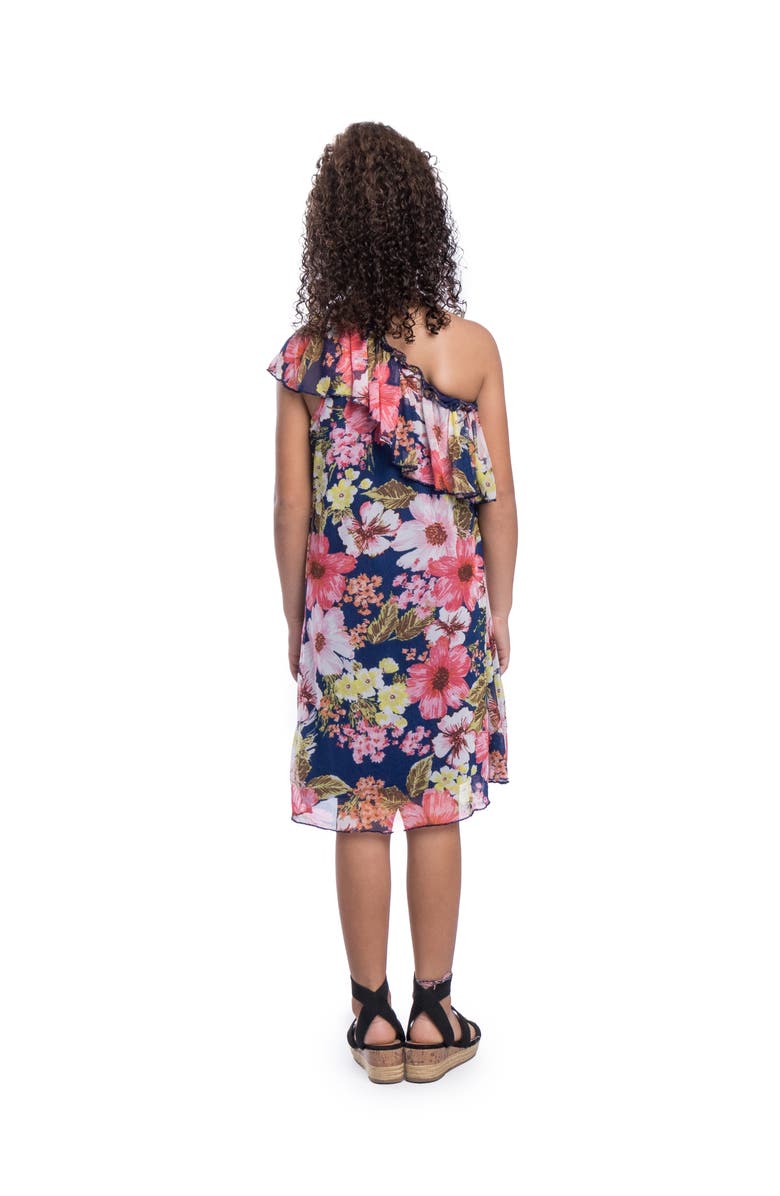 24sevenKid Blue Floral One Shoulder Ruffle Knee Length Dress, Alternate, color, Pink Multi