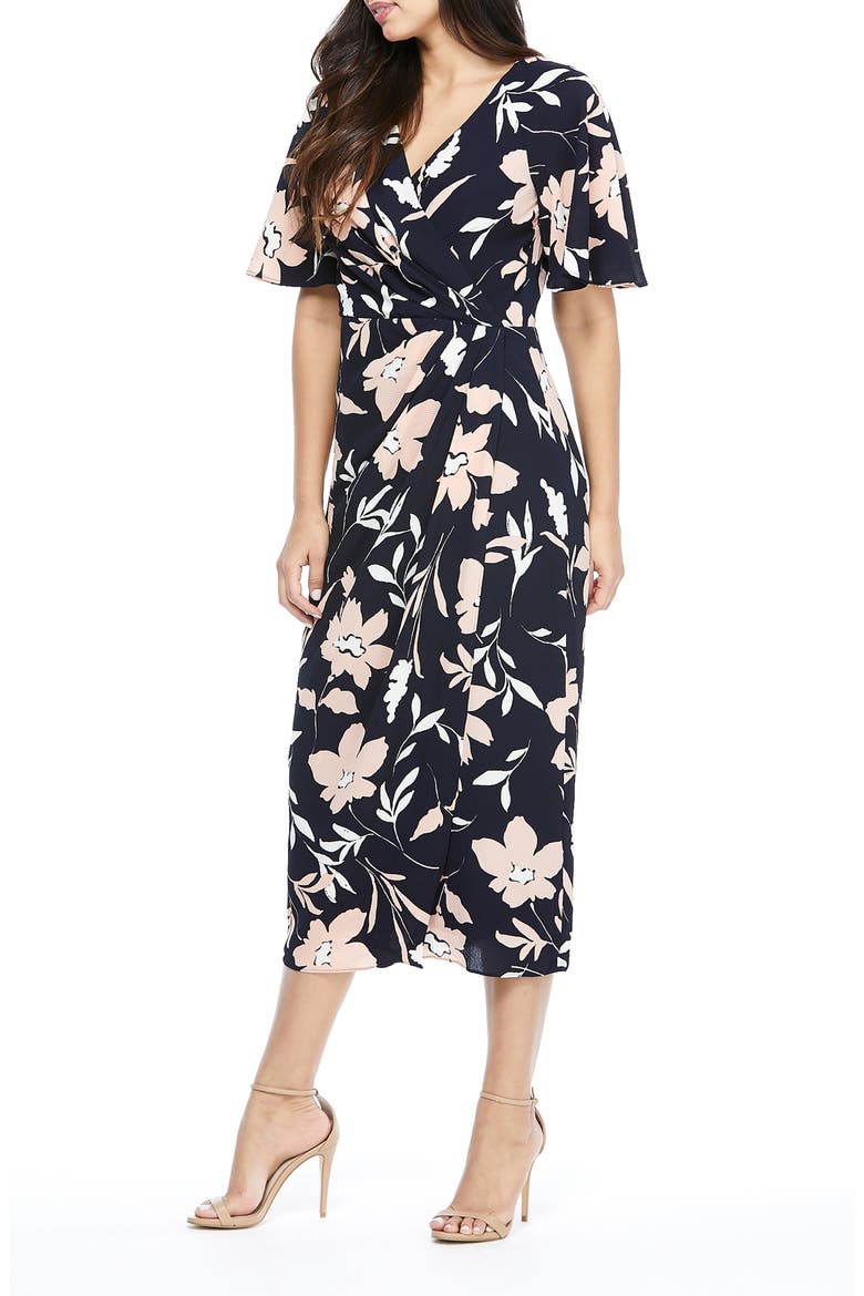 Floral Faux Wrap Crepe Midi Dress, Alternate, color, NAVY/ BLUSH