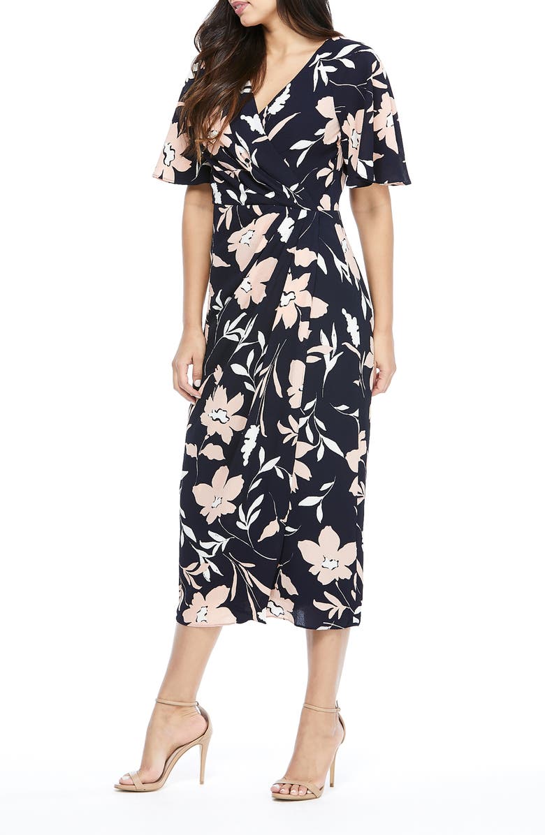 Maggy London Floral Faux Wrap Crepe Midi Dress, Alternate, color,