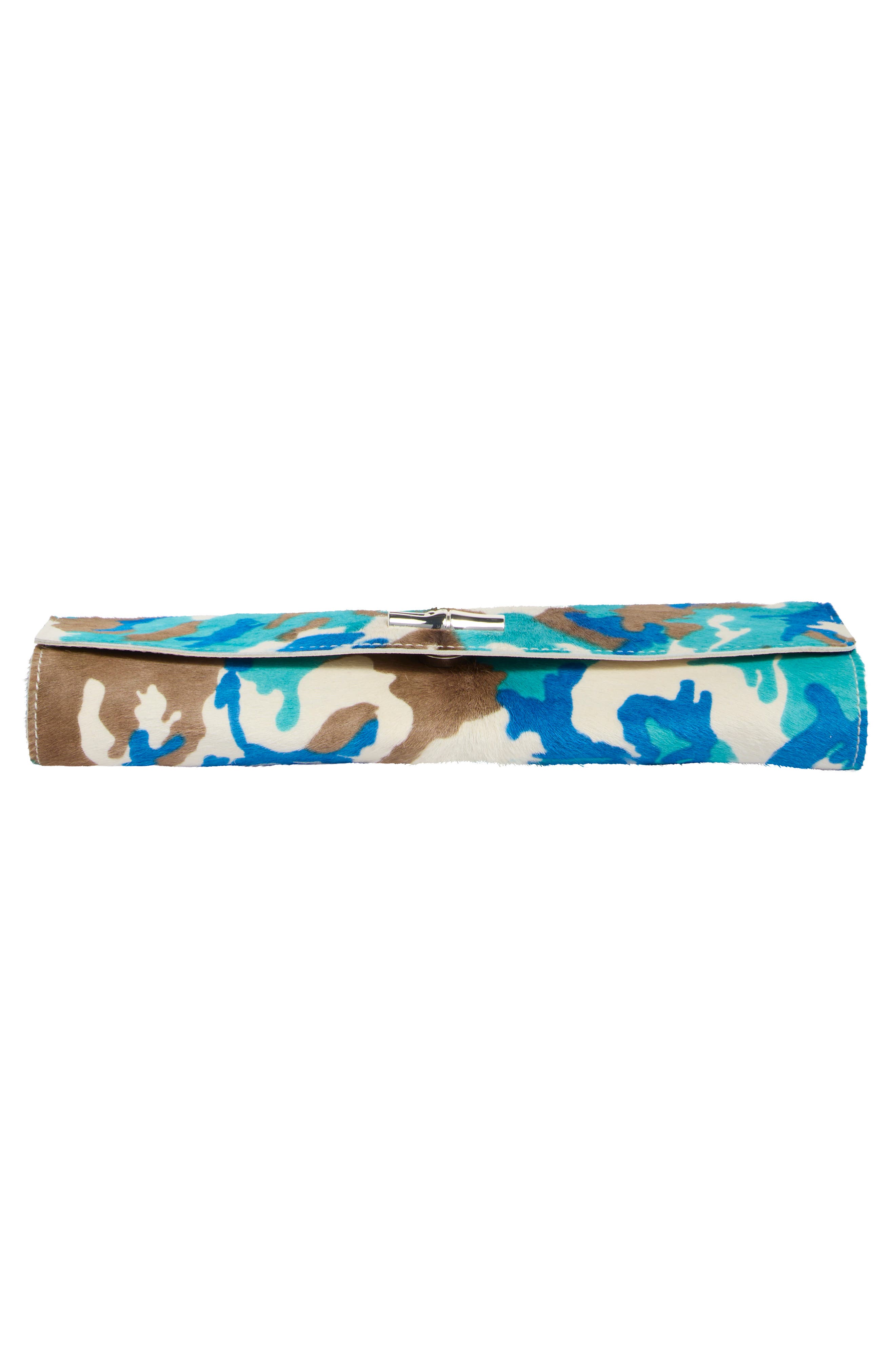 Longchamp Deep Camo Genuine Calf Hair Clutch, Alternate, color, Turquoise