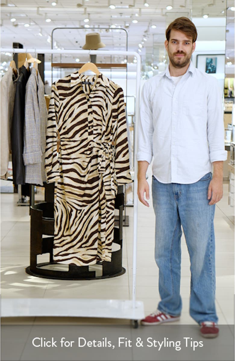 Zebra Print Tie Waist Long Sleeve Crepe Shirtdress, sales video thumbnail