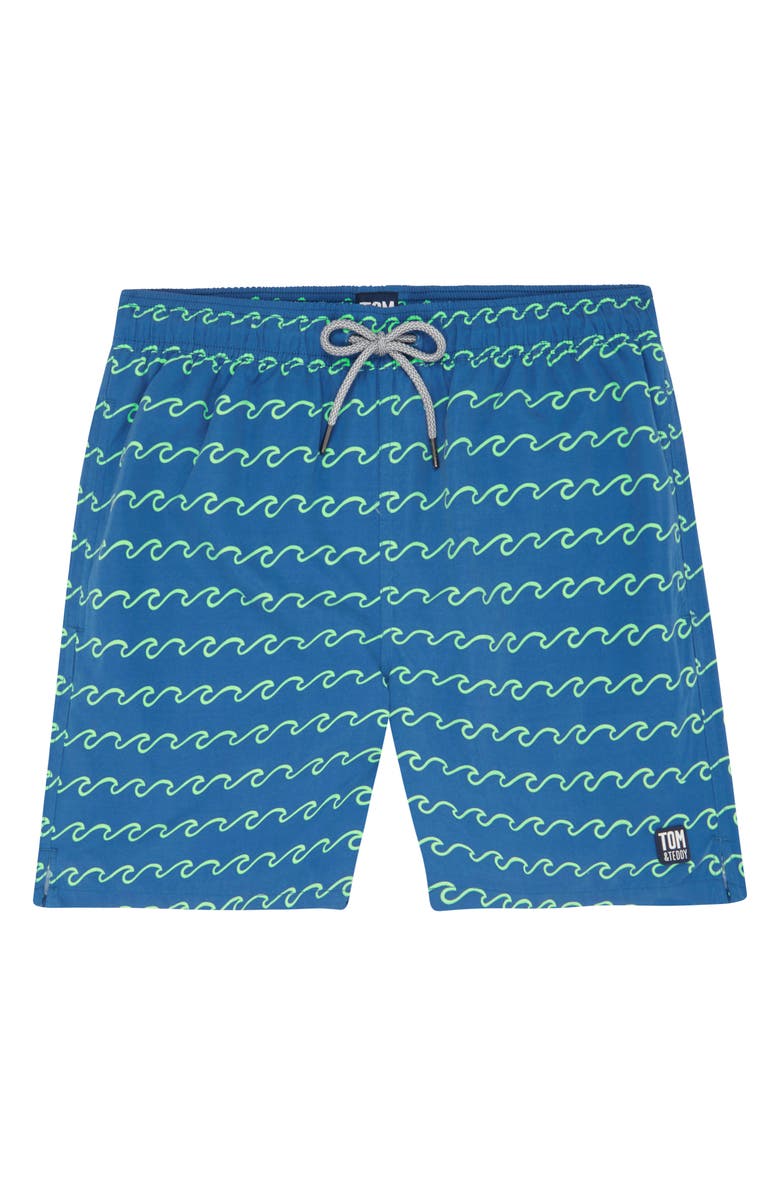 Tom & Teddy Wave Print Swim Trunks, Alternate, color, 
