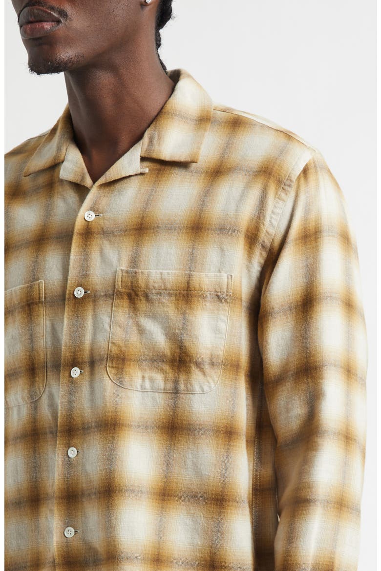 Open Collar Ombré Check Brushed Flannel Button-Up Shirt, Alternate, color, BROWN