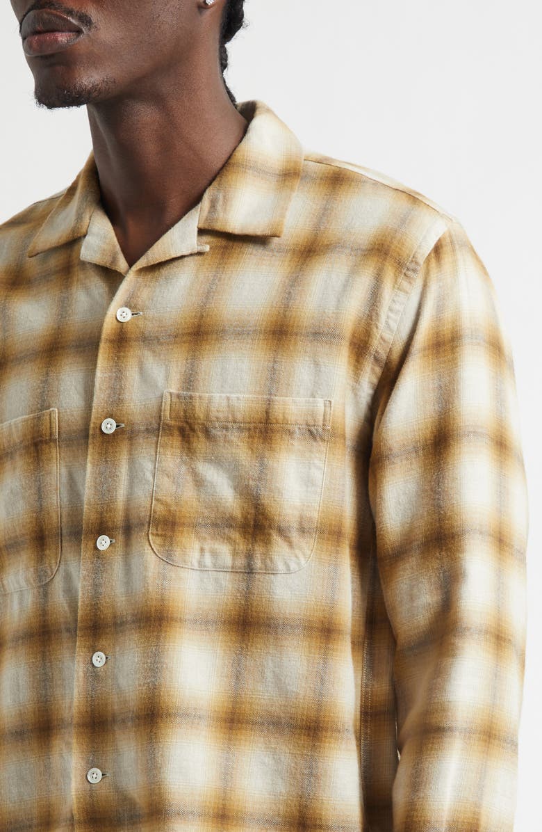 BEAMS Open Collar Ombré Check Brushed Flannel Button-Up Shirt, Alternate, color, Brown