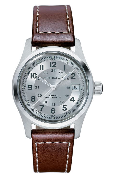 Khaki Field Automatic Leather Strap Watch, 38mm