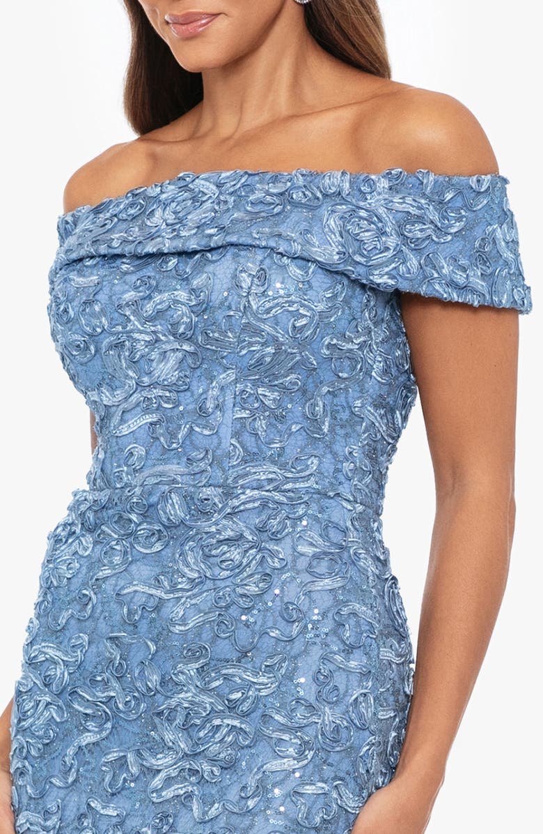 Xscape Evenings Embroidered Off the Shoulder Midi Cocktail Dress, Alternate, color, 
