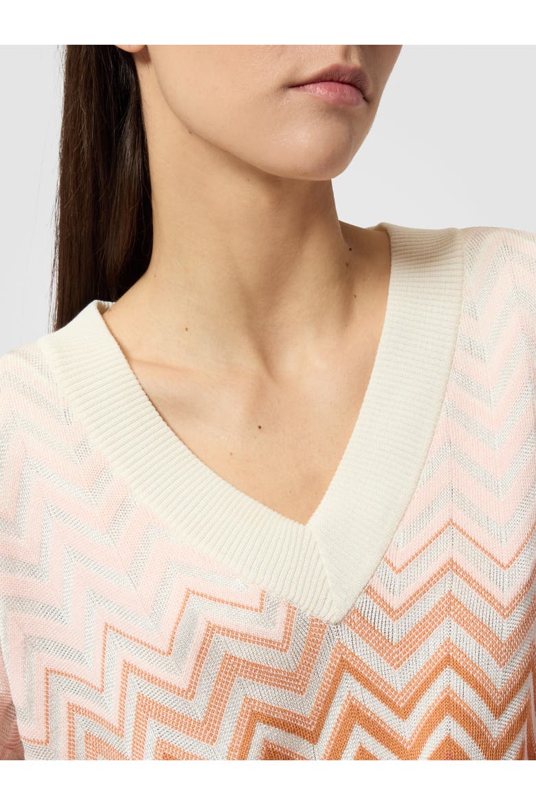 V-neck Pullover In Cotton And Viscose Chevron Dégradé, Alternate, color, Lilac& Rust