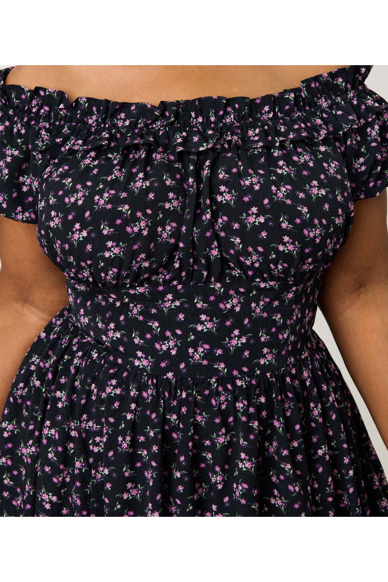 Plus Size 1950s Off The Shoulder Ruffle Swing Dress, Alternate, color, Black w/ Purple Floral Print