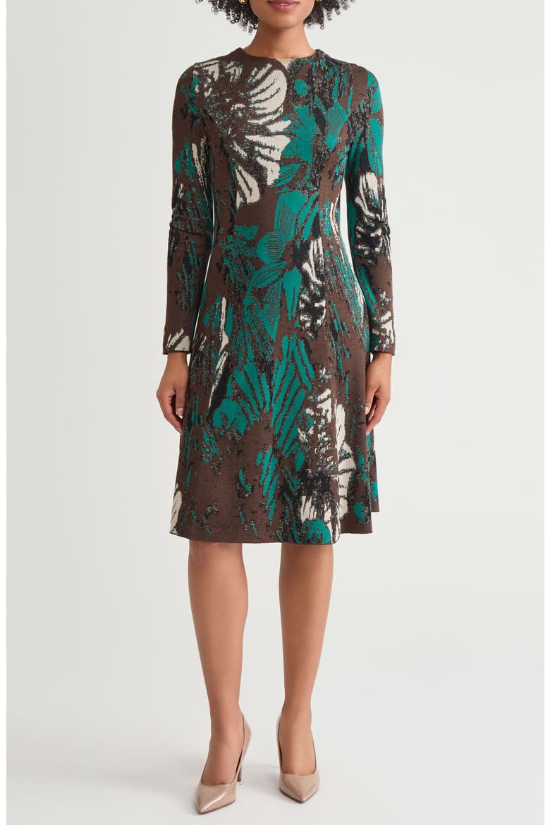 Floral Jacquard Long Sleeve Knit Dress, Main, color, EVEREST/ DARK UMBER/ BLACK