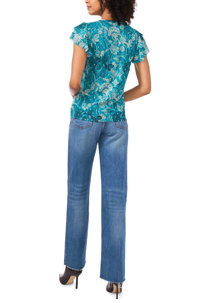 Vince Camuto Floral Flutter Sleeve Mesh Top, Alternate, color, Cool Lapis