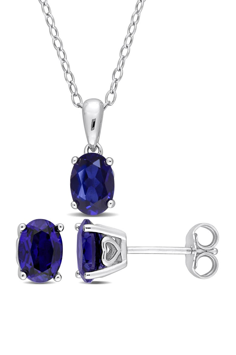 Lab-Grown Sapphire Stud Earrings & Pendant Necklace Set, Main, color, BLUE
