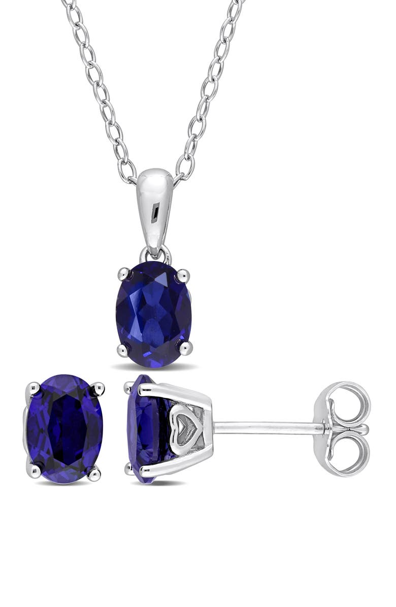 DELMAR Lab-Grown Sapphire Stud Earrings & Pendant Necklace Set, Main, color, Blue