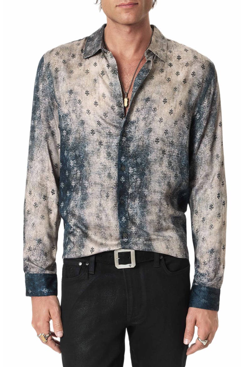 Ross Fleur de Lis Print Button-Up Shirt, Alternate, color, ALMOND
