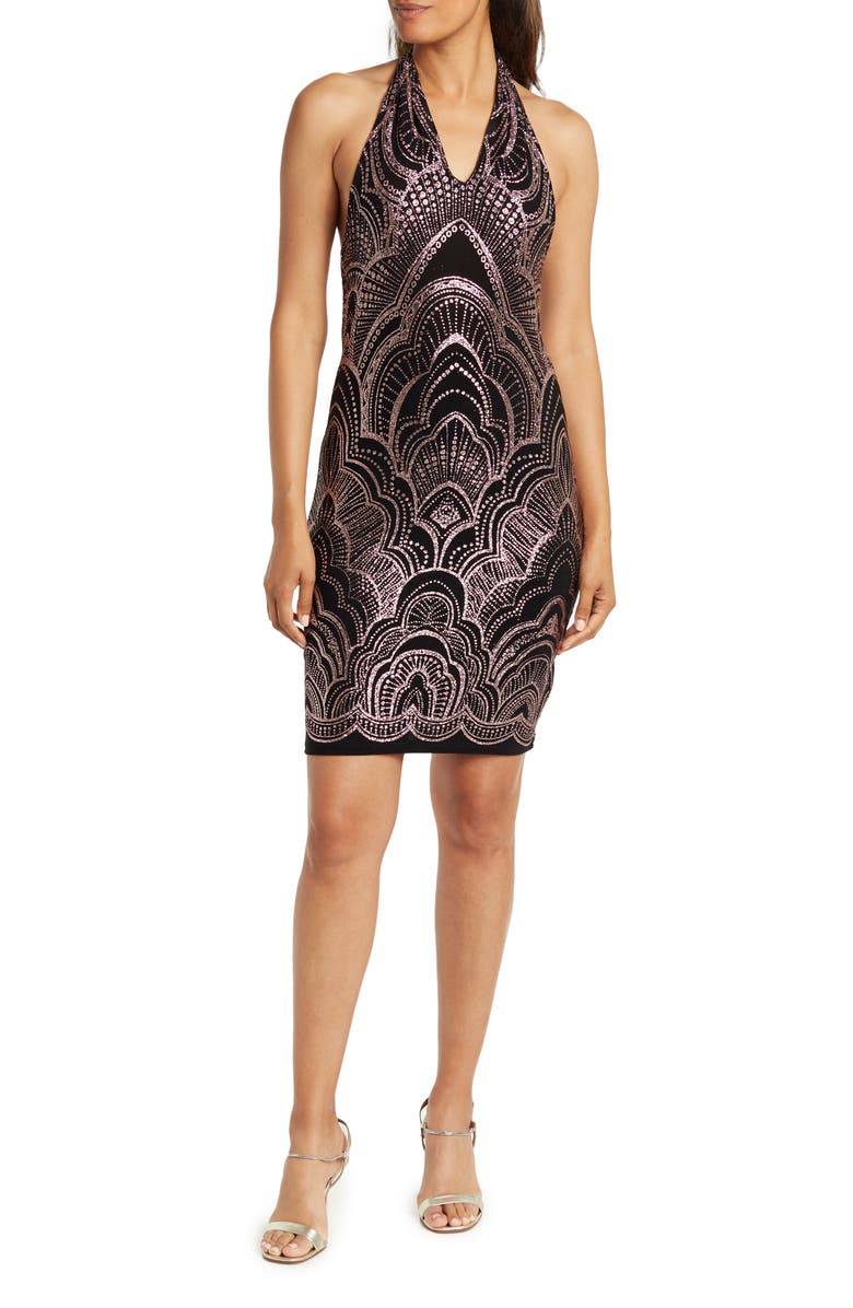 Jump Apparel Halter Neck Glitter Crystal Embellished Slinky Dress, Main, color,