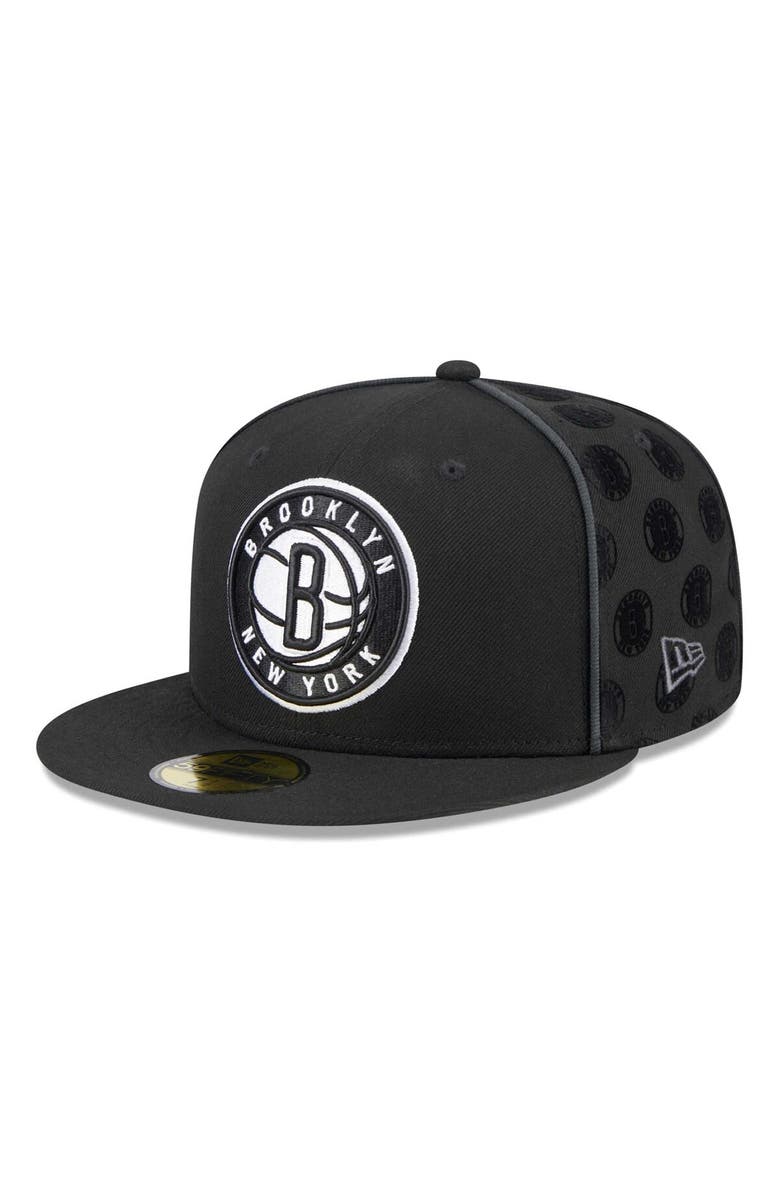 New Era Men's New Era Black Brooklyn Nets Piped & Flocked 59Fifty Fitted Hat, Main, color, Black