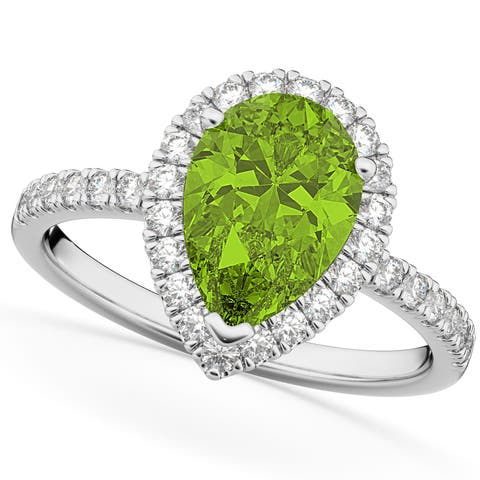 Pear Cut Halo Peridot & Diamond Engagement Ring 14K