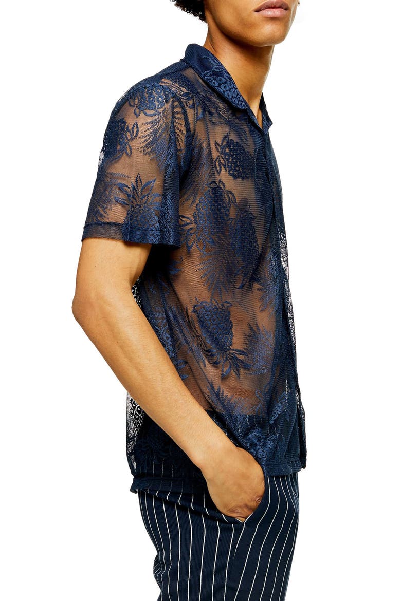 Palms Mesh Short Sleeve Button-Up Camp Shirt, Alternate, color, NAVY BLUE