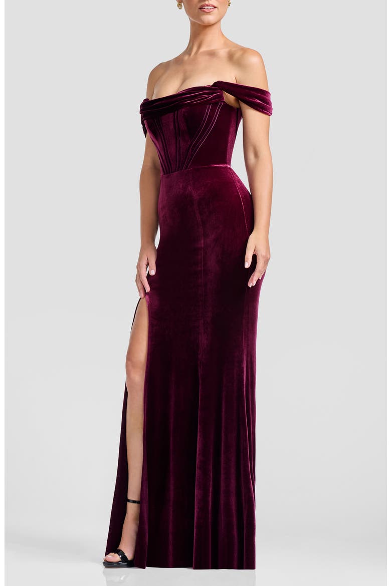 Melania Off the Shoulder Velvet Gown, Alternate, color, DARK CHERRY