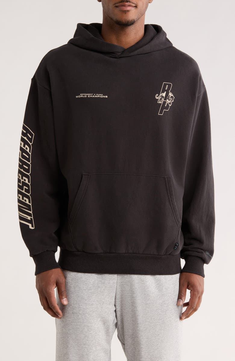PUMA x Represent Embroidered Cotton Graphic Hoodie, Main, color, Puma Black