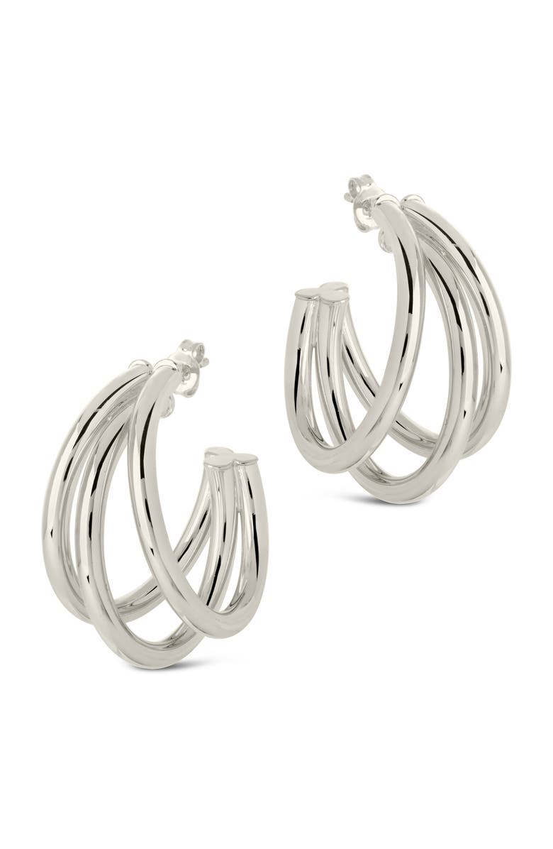 Sterling Forever Three Row Hoop Earrings, Alternate, color, Silver