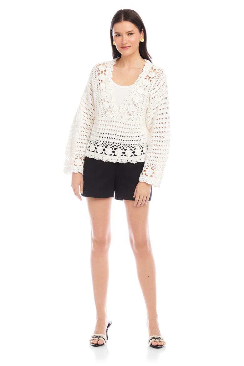 Nila Hand Crochet V-Neck Sweater, Alternate, color, CREAM