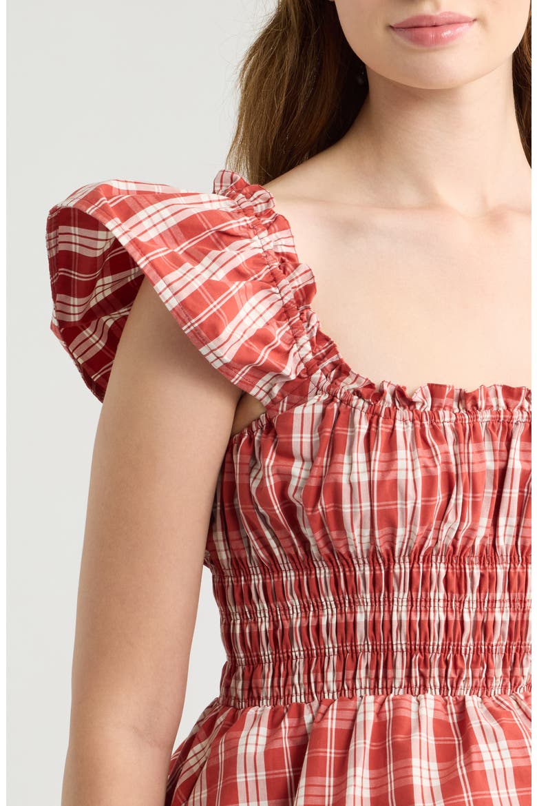 Janne Plaid Cotton Smocked Peplum Top, Alternate, color, INES CHECK TERRA ROSSO