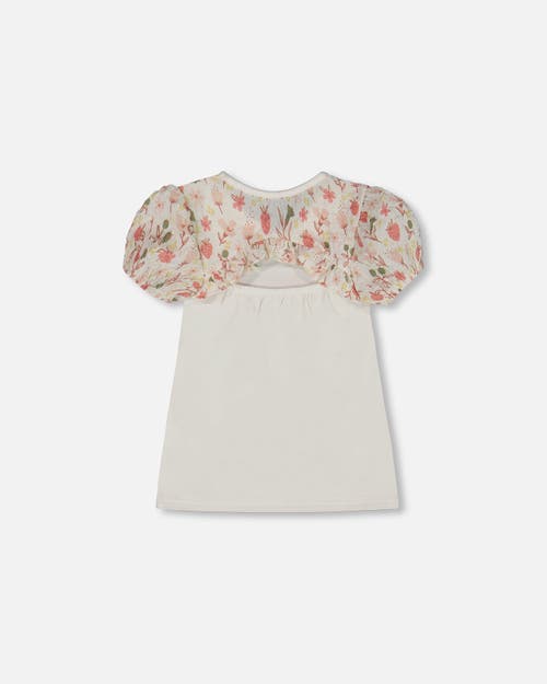 Deux Par Deux Girl's Bi-material Organic Cotton Top With Puff Sleeve Pink Flowers On Cream Backgroun In Pink Flowers On Cream
