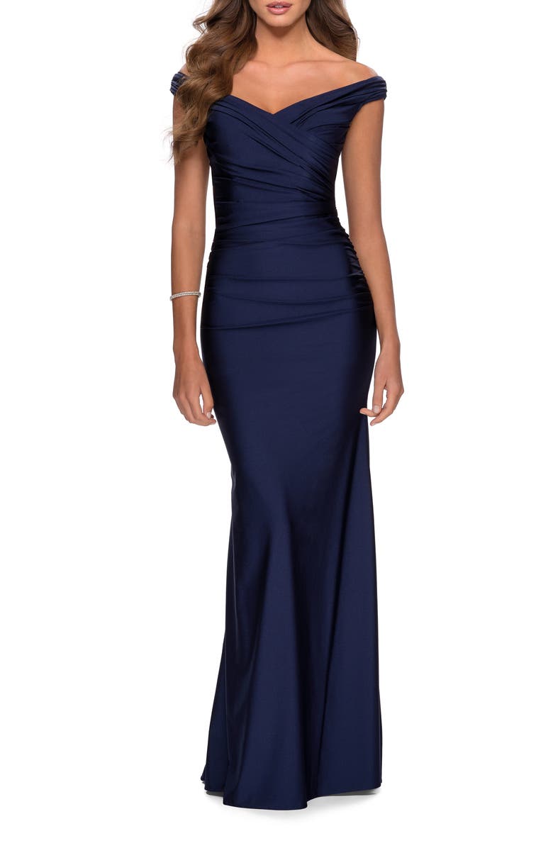 La Femme Off the Shoulder Prom Dress with Sweetheart Neckline, Main, color, Navy