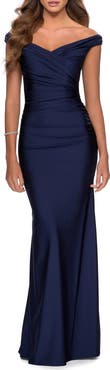 La Femme Off the Shoulder Prom Dress with Sweetheart Neckline