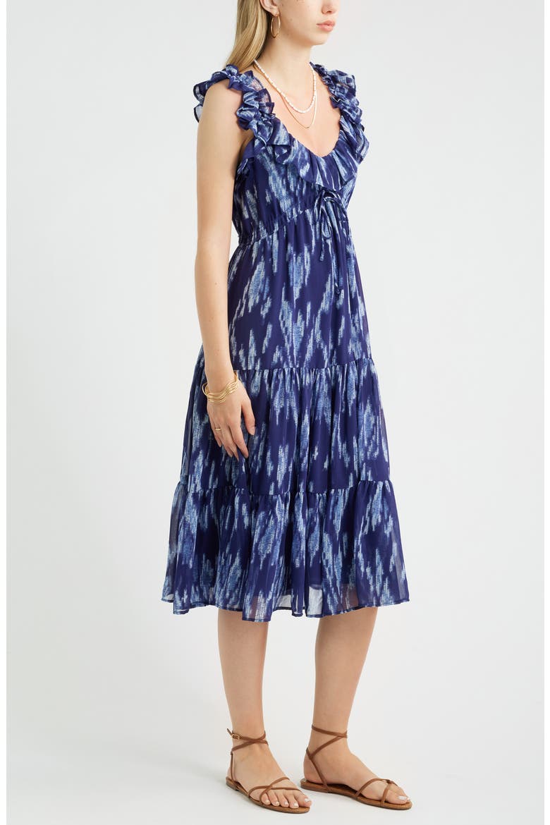 Print Ruffle Trim Tiered Midi Dress, Alternate, color, NAVY STILL PIPER IKAT