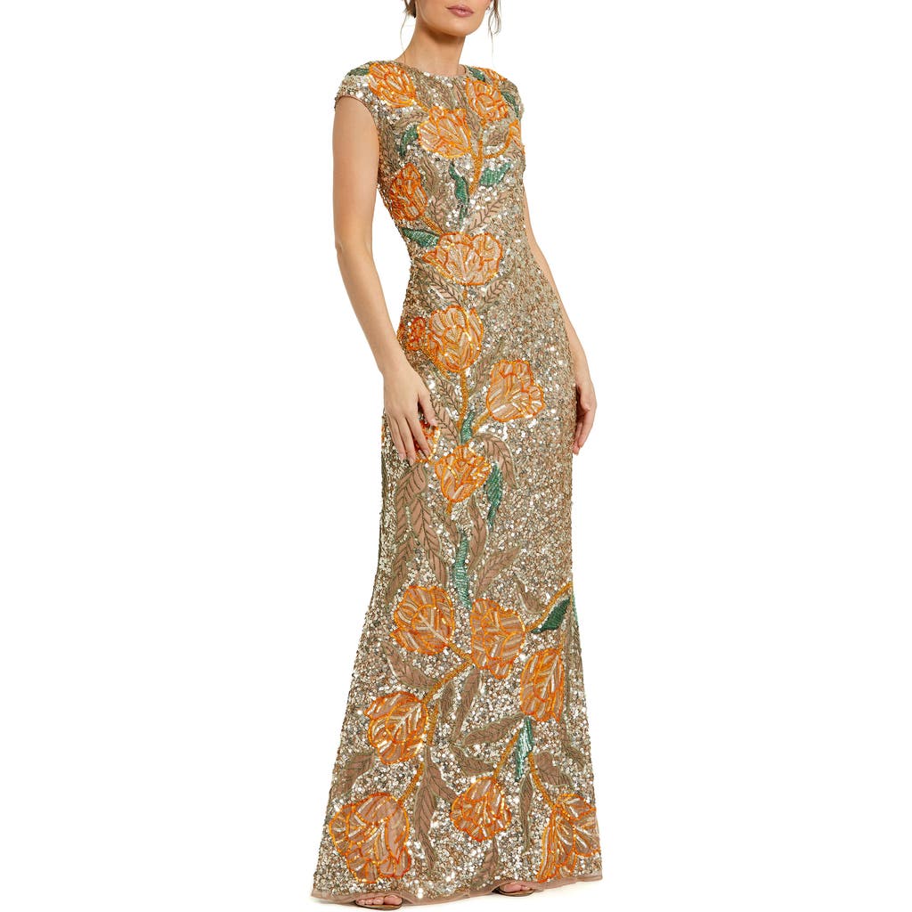 Mac Duggal Fitted Short Sleeve Gown With Floral Beading In Gold Multi