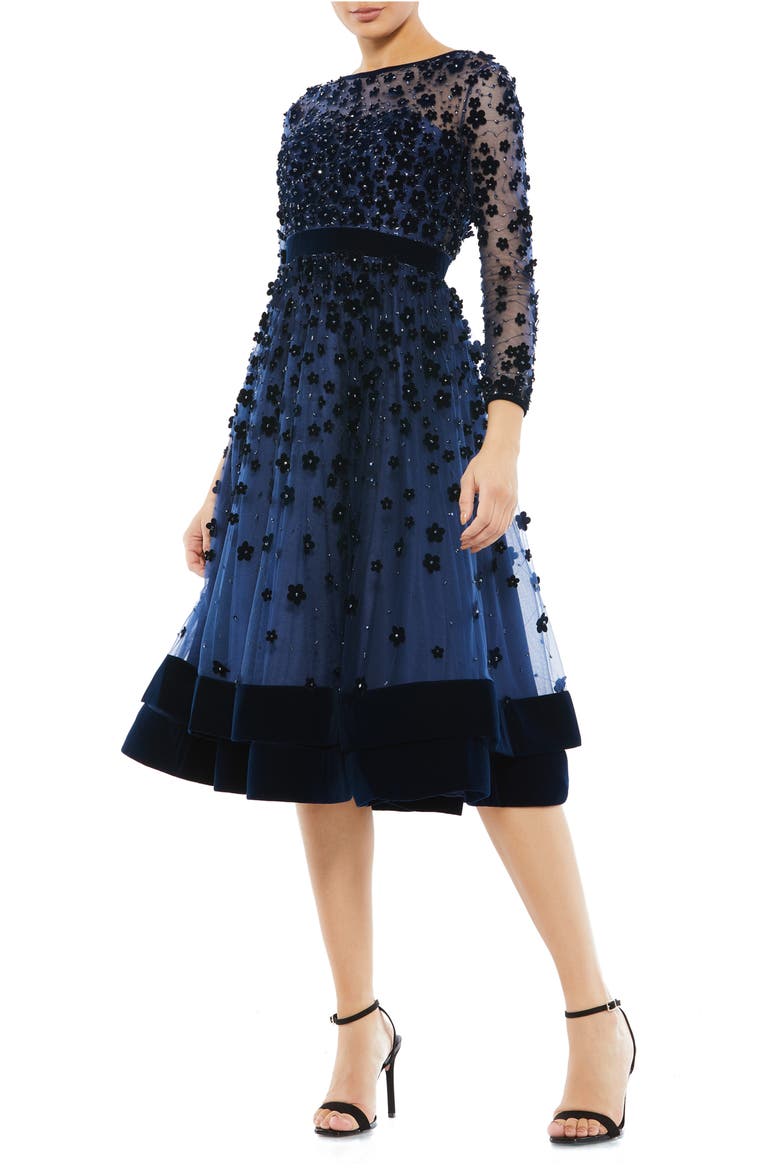 Embellished Illusion High Neck Long Sleeve Fit & Flare, Main, color, MIDNIGHT