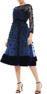 Mac Duggal Embellished Illusion High Neck Long Sleeve Fit & Flare