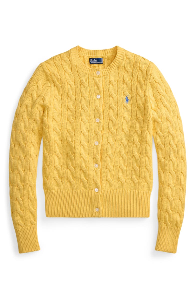 Polo Ralph Lauren Cable Knit Cotton Crewneck Cardigan, Alternate, color, Beach Yellow