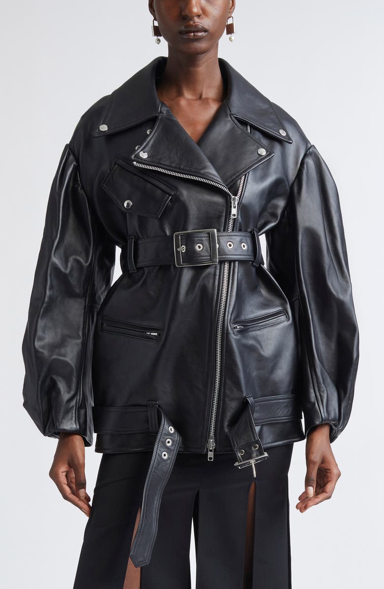 Simone Rocha Puff Sleeve Leather Biker Jacket, Main, color, Black