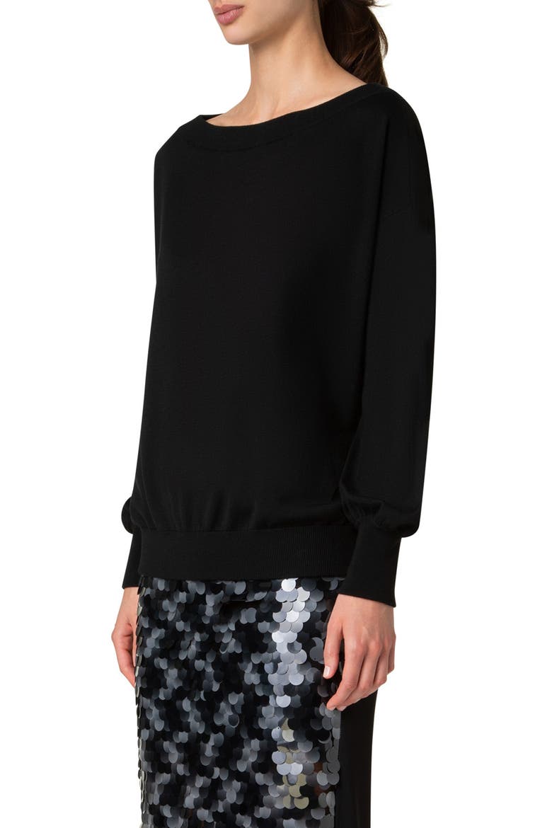 Oversize Boat Neck Virgin Wool Sweater, Alternate, color, BLACK