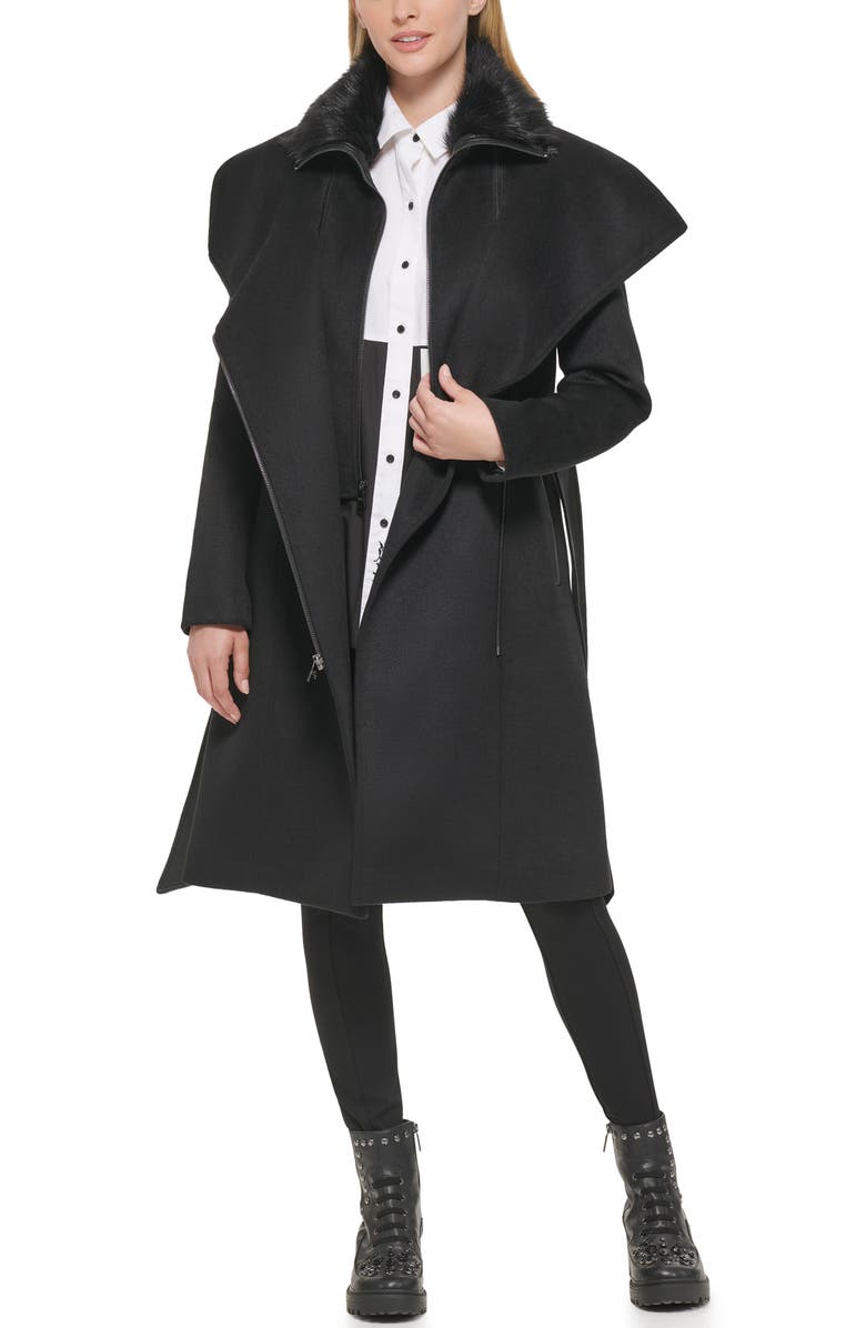 KARL LAGERFELD Belted Faux Fur Trim Wool Blend Coat, Alternate, color, Black