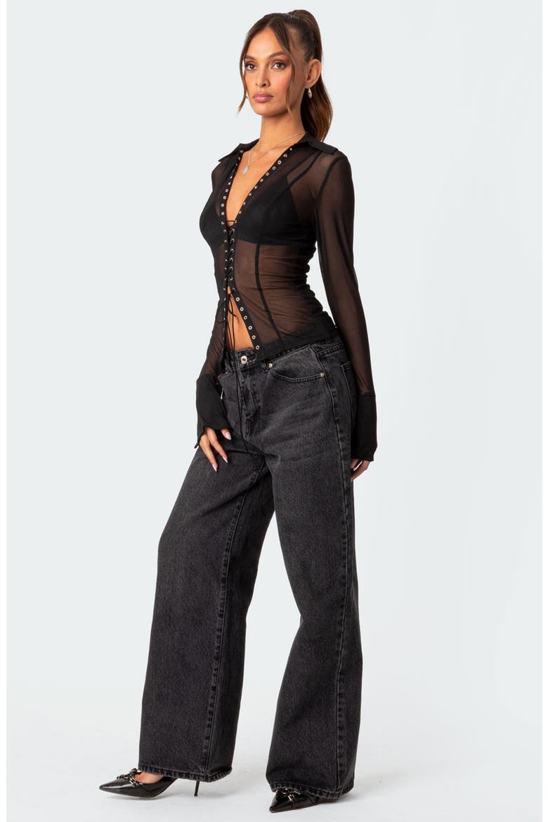 Lace-Up Sheer Mesh Top, Alternate, color, BLACK
