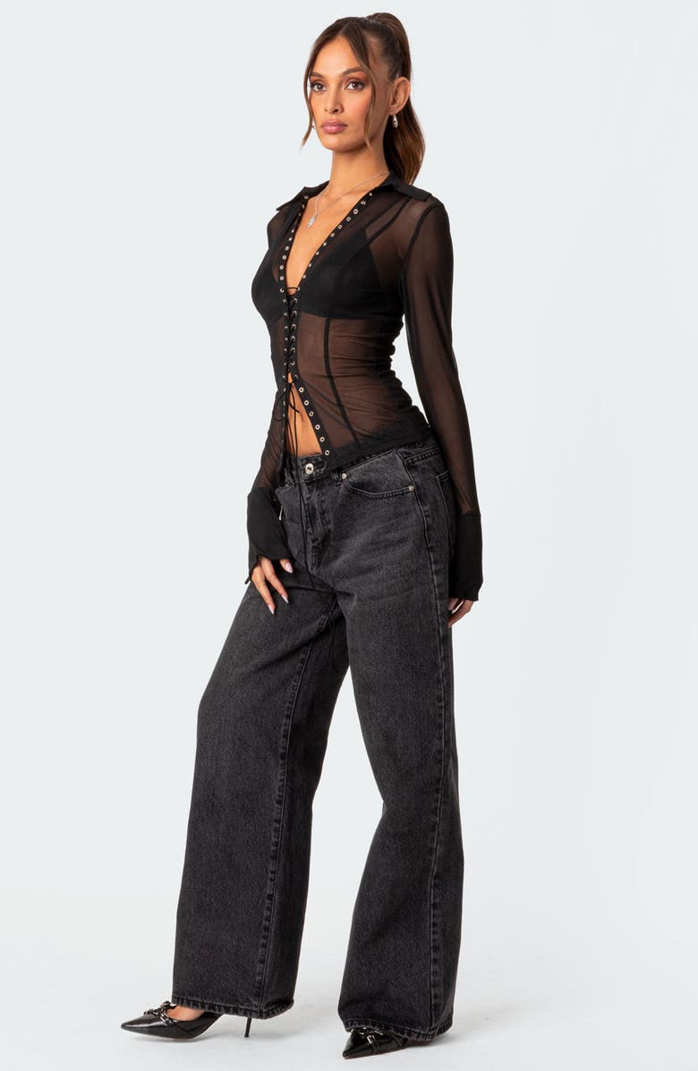 EDIKTED Lace-Up Sheer Mesh Top, Alternate, color, Black
