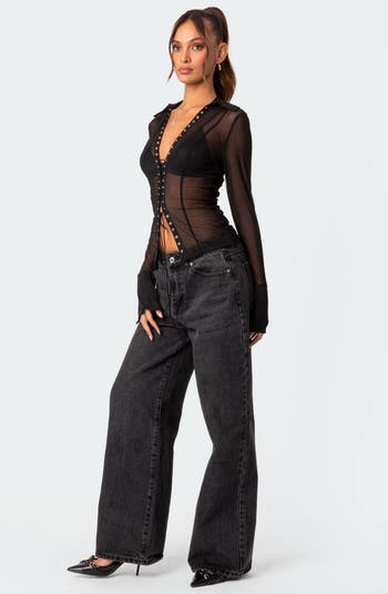 EDIKTED Lace-Up Sheer Mesh Top | Nordstrom