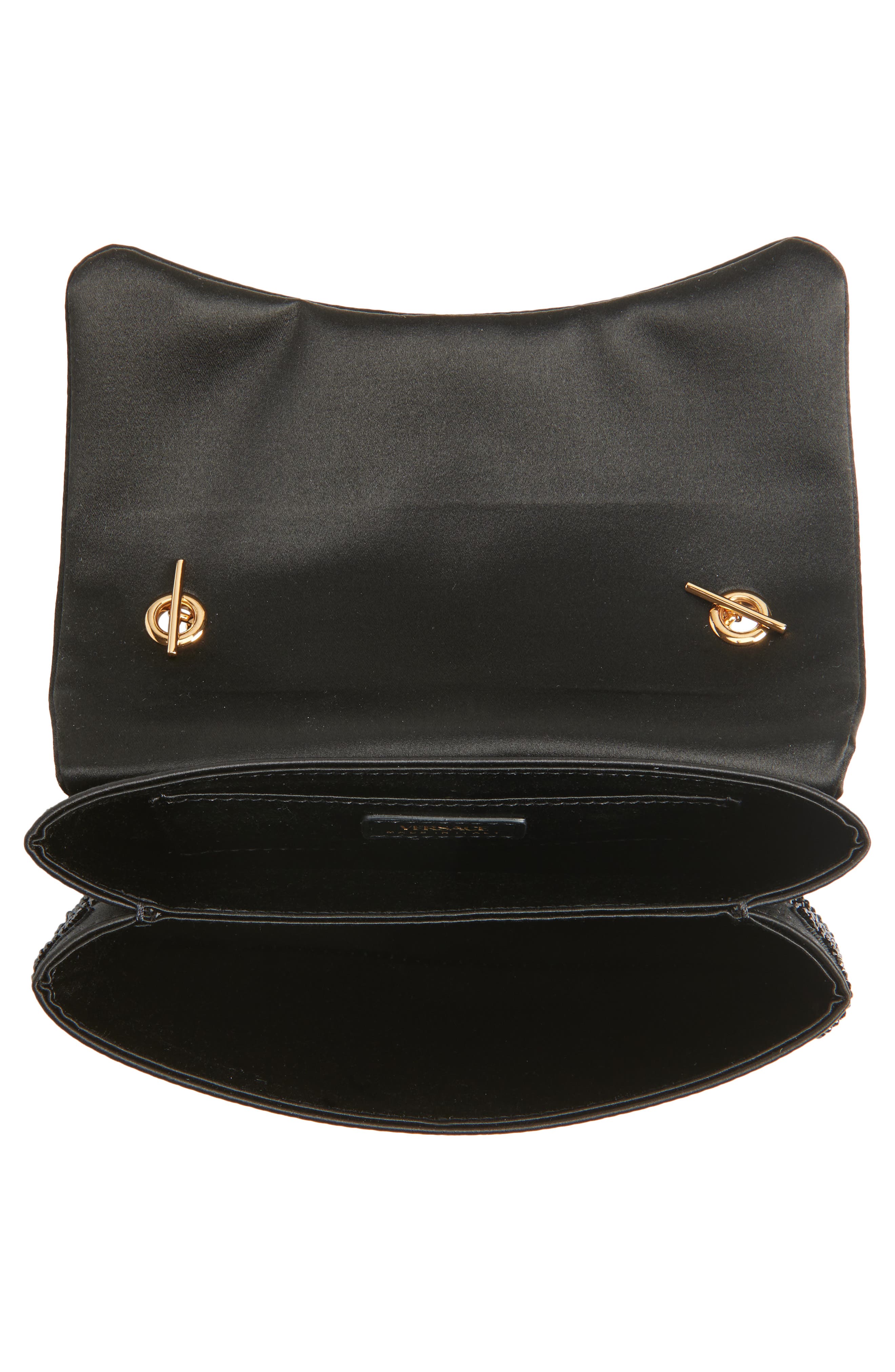 Versace Mini Kleio Embellished Satin Wallet on a Chain, Alternate, color, Black-Versace Gold