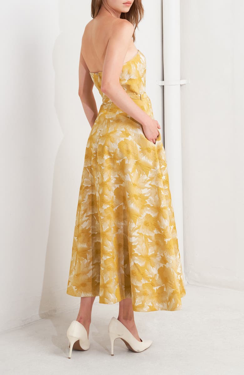 FREEMARKET Strapless Floral Jacquard Midi Dress, Alternate, color, Mustard