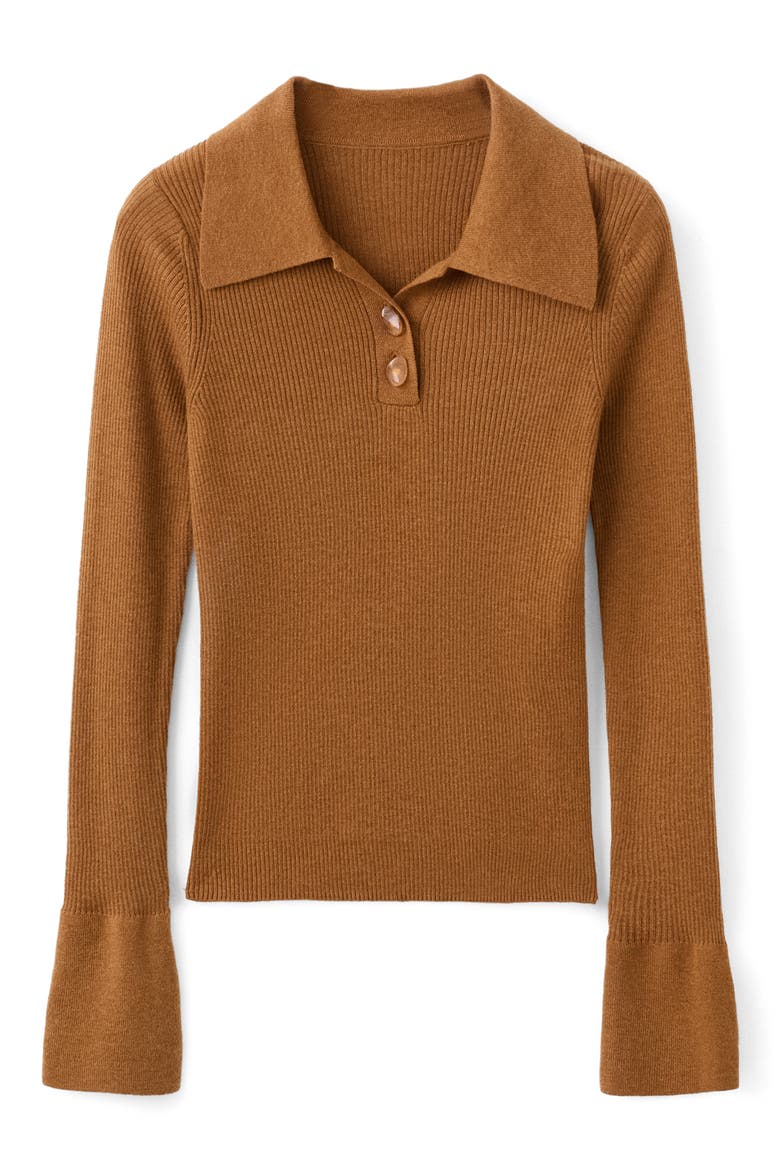 Rib Fluted Long Sleeve Polo Sweater, Alternate, color, TOBACCO BROWN