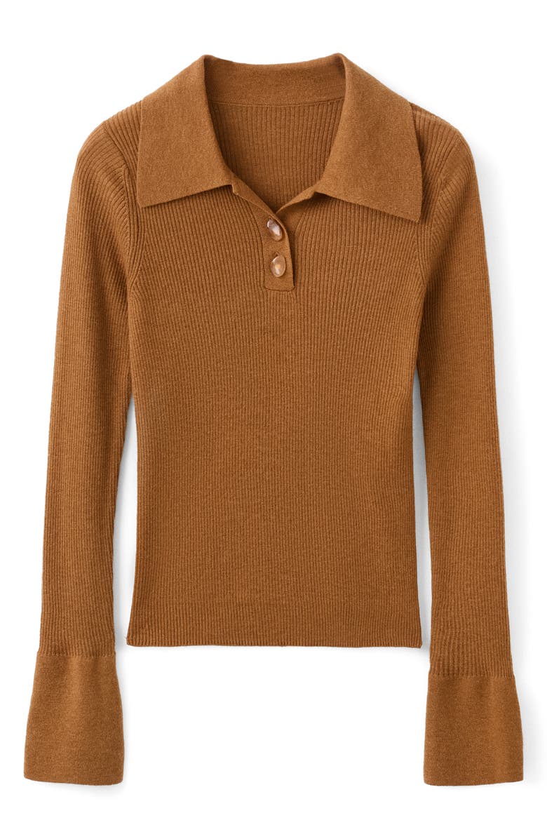 MANGO Rib Fluted Long Sleeve Polo Sweater, Alternate, color, Tobacco Brown