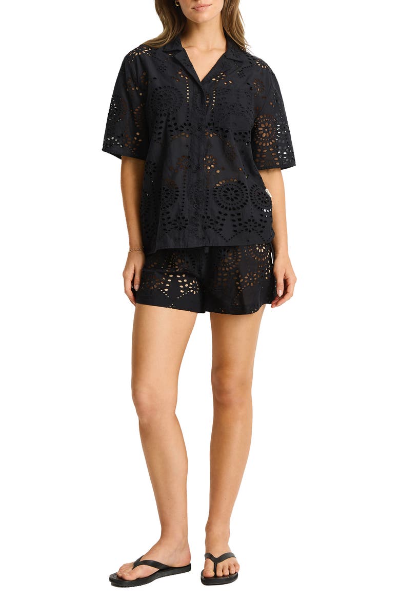 Ibiza Cotton Eyelet Cover-Up Bowling Shirt, Main, color, BLACK