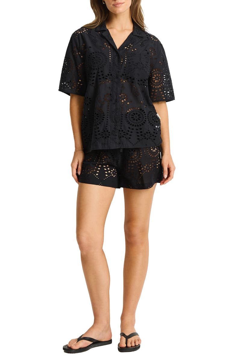 Sea Level Ibiza Cotton Eyelet Cover-Up Bowling Shirt, Main, color, Black