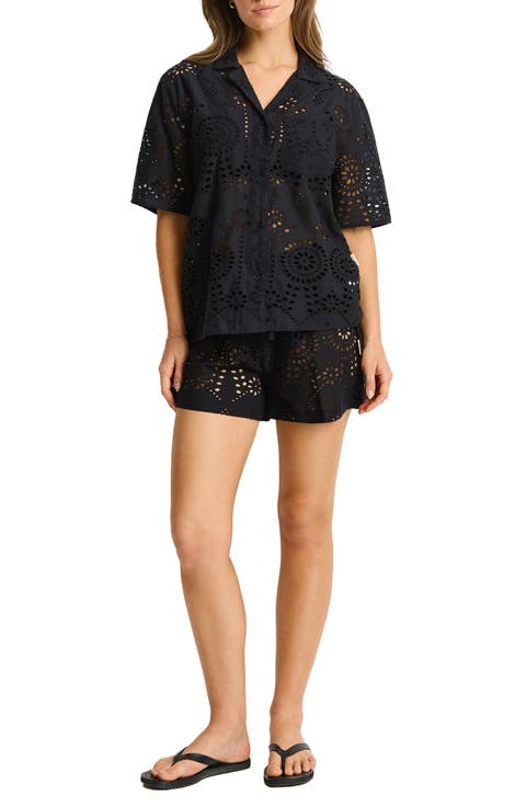 Ibiza Cotton Eyelet Cover-Up Bowling Shirt