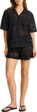 Sea Level Ibiza Cotton Eyelet Cover-Up Bowling Shirt
