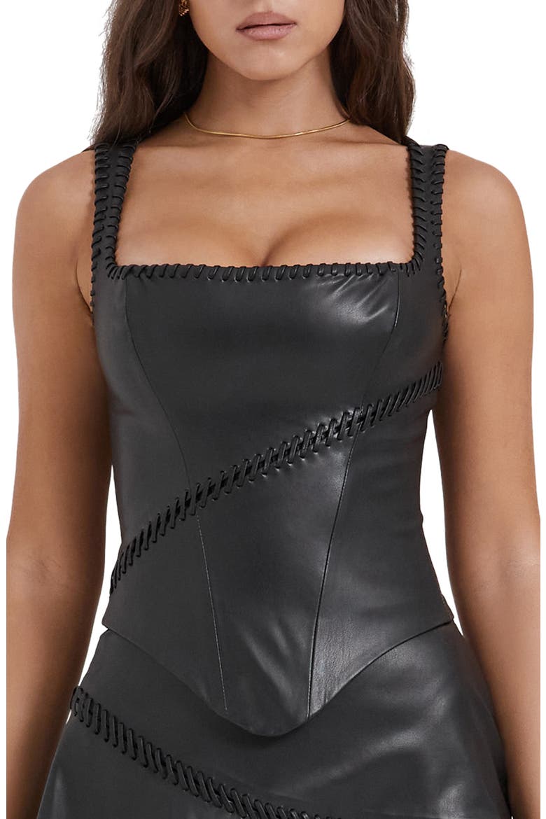 Leonie Whipstitch Faux Leather Corset Top, Main, color, BLACK